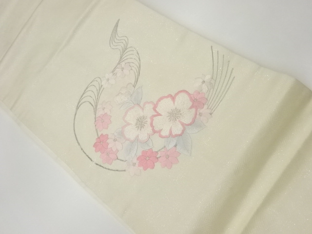 JAPANESE KIMONO / VINTAGE NAGOYA OBI / EMBROIDERY / FLOWERS & WAVY STRIPE